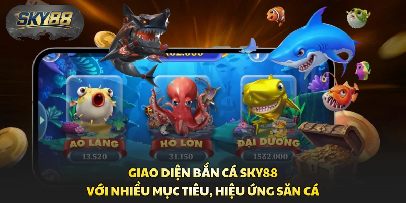 Giao diện bắn cá Sky88 với nhiều mục tiêu, hiệu ứng săn cá 