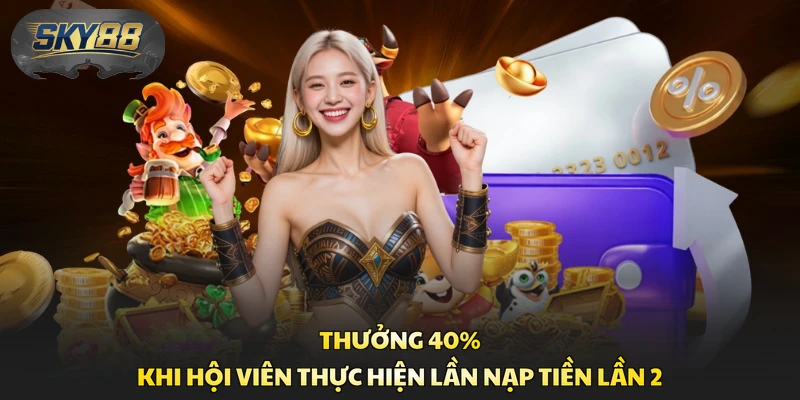 Thưởng 40% khi hội viên thực hiện lần nạp tiền lần 2